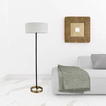 62" Black And White Floor Lamp With White Fabric Drum Shade