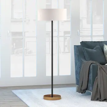 62" Black And White Floor Lamp With White Fabric Drum Shade