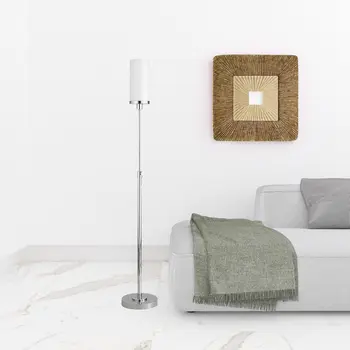 66" Nickel Torchiere Floor Lamp With White Frosted Glass Drum Shade