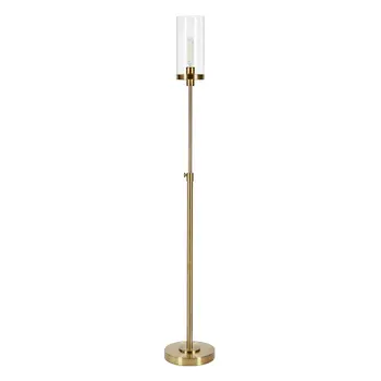 66" Brass Adjustable Torchiere Floor Lamp With Clear Glass Cylinder Shade
