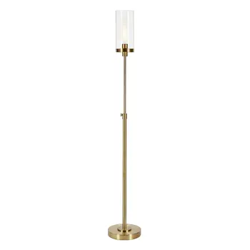 66" Brass Adjustable Torchiere Floor Lamp With Clear Glass Cylinder Shade