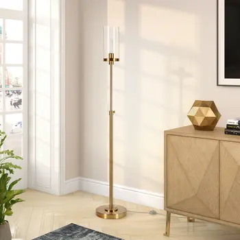 66" Brass Adjustable Torchiere Floor Lamp With Clear Glass Cylinder Shade