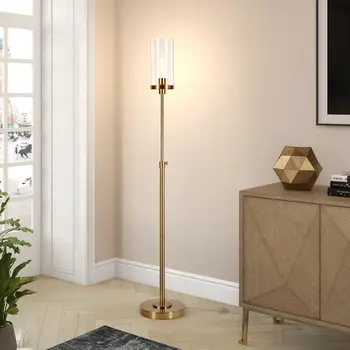 66" Brass Adjustable Torchiere Floor Lamp With Clear Glass Cylinder Shade