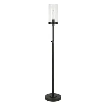 66" Black Adjustable Torchiere Floor Lamp With Clear Glass Cylinder Shade