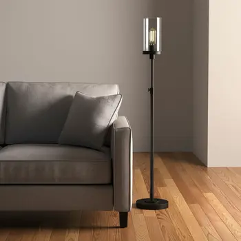 66" Black Adjustable Torchiere Floor Lamp With Clear Glass Cylinder Shade