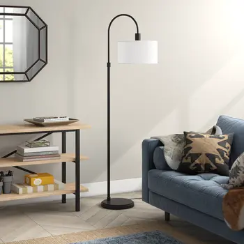 70" Black Arched Floor Lamp With White Frosted Glass Drum Shade