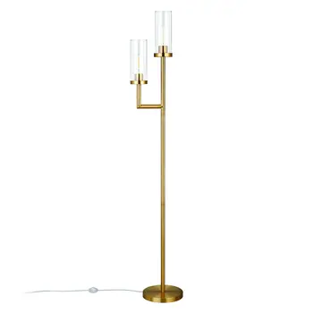 69" Brass Two Light Torchiere Floor Lamp With Clear Transparent Glass Drum Shade