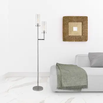 69" Nickel Two Light Torchiere Floor Lamp With Clear Transparent Glass Drum Shade