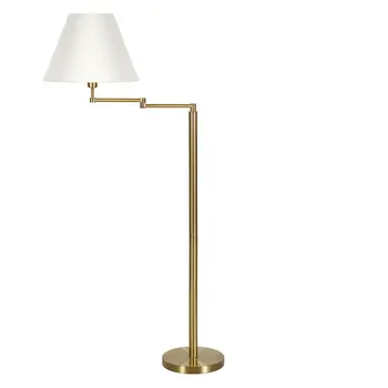 62" Gold And White Swing Arm Floor Lamp With White Fabric Empire Shade