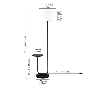 66" Black Tray Table Floor Lamp With White No Pattern Frosted Glass Drum Shade