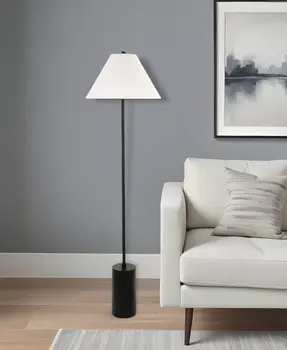 64" Black And White Floor Lamp With White Fabric Empire Shade
