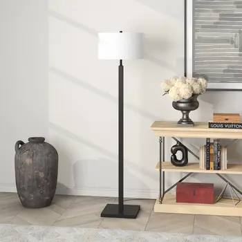 62" Black Traditional Shaped Floor Lamp With White Frosted Glass Drum Shade