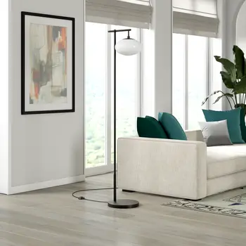 68" Black And White Reading Floor Lamp With White Glass Globe Shade