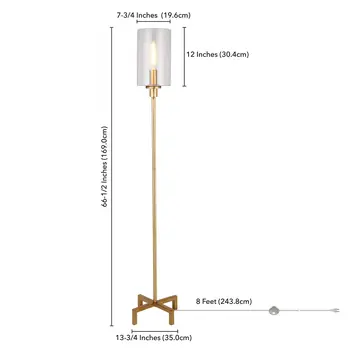 66" Brass Torchiere Floor Lamp With Clear Transparent Glass Drum Shade