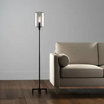 66" Black Torchiere Floor Lamp With Clear Seeded Glass Drum Shade