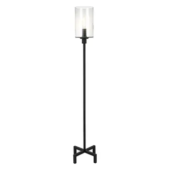66" Black Torchiere Floor Lamp With Clear Seeded Glass Drum Shade