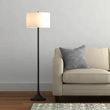 62" Black Floor Lamp With White Fabric Drum Shade