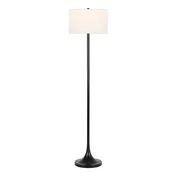 62" Black Floor Lamp With White Fabric Drum Shade