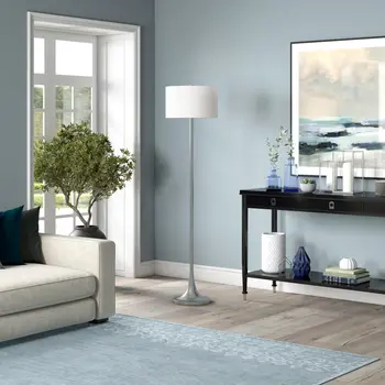 62" Nickel Floor Lamp With White Fabric Drum Shade