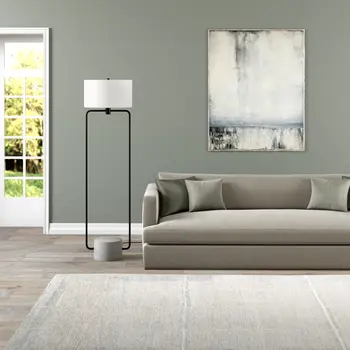 63" Black Column Floor Lamp With White Frosted Glass Drum Shade
