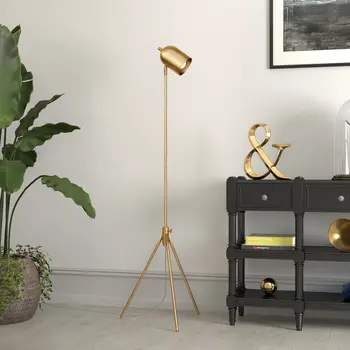 56" Brass Tripod Floor Lamp With Brass Dome Shade