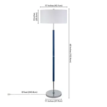 61" Blue Two Light Floor Lamp With White Frosted Glass Drum Shade