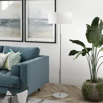 61" Nickel Two Light Floor Lamp With White Frosted Glass Drum Shade