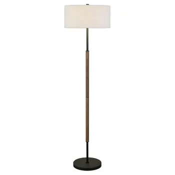 61" Black Two Light Floor Lamp With White Frosted Glass Drum Shade