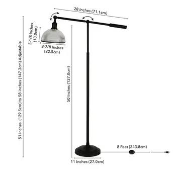 58" Black Swing Arm Floor Lamp With Clear Glass Dome Shade