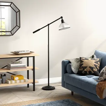 58" Black Swing Arm Floor Lamp With Clear Glass Dome Shade