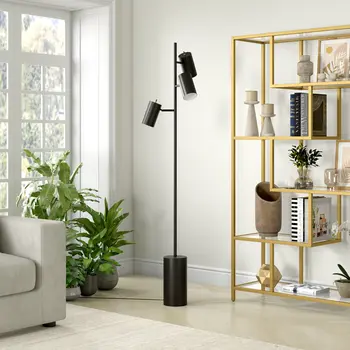 65" Black Three Light Tree Floor Lamp With Black Metal Drum Shade