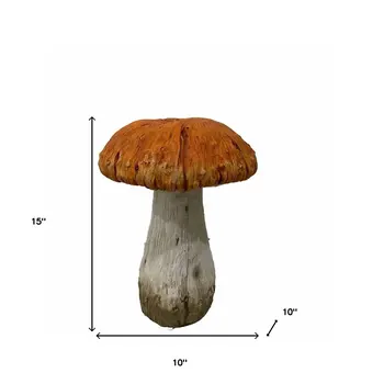 15" Orange And White Polyresin Mushroom Outdoor Statue
