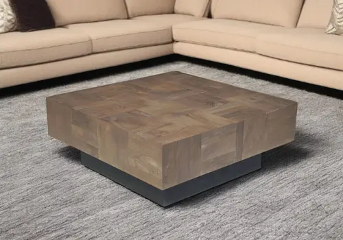 40" Dark Brown and Black Solid Wood Square Block Coffee Table