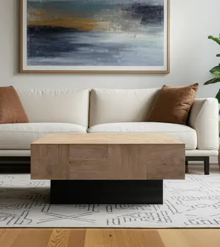 40" Brown and Black Solid Wood Square Block Coffee Table