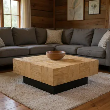40" Brown and Black Solid Wood Square Block Coffee Table