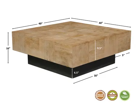 40" Brown and Black Solid Wood Square Block Coffee Table