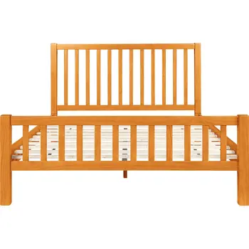 Brown Slat Back Solid Wood Queen Bed Frame