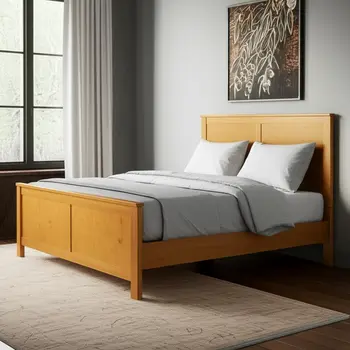 Brown Inlaid Panels Solid Wood King Bed Frame