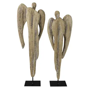 Set of Two Natural Solid Wood Angel Christmas Tabletop Sculpture