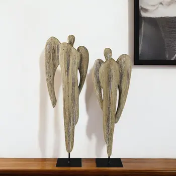 Set of Two Natural Solid Wood Angel Christmas Tabletop Sculpture