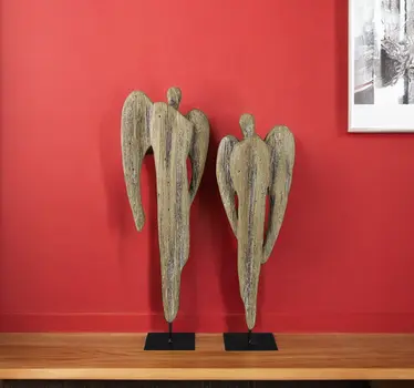 Set of Two Natural Solid Wood Angel Christmas Tabletop Sculpture