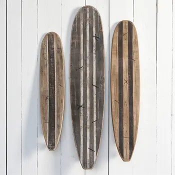 Set of Three Brown Black And Natural Distressed Solid Wood Surfboard Hanging Dimensional Sculptures