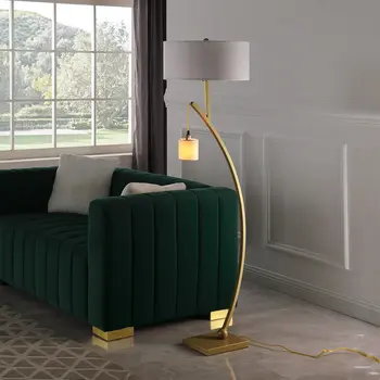 59" Gold And White Arc Floor Lamp With White Fabric Drum Shade