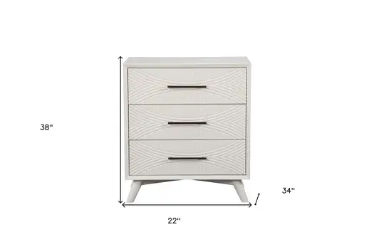 34" White Carved Geometric Solid Wood Three Drawer Dresser