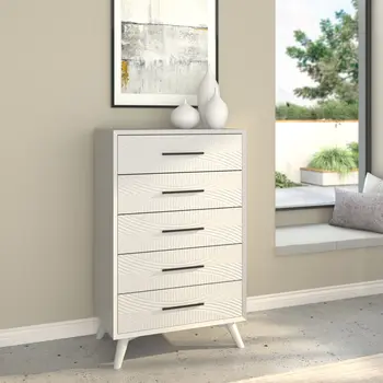 34" White Carved Geometric Solid Wood Five Drawer Dresser