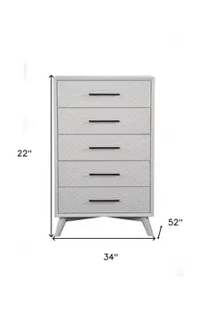 34" White Carved Geometric Solid Wood Five Drawer Dresser