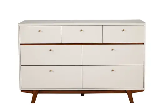 56" Brown and White Solid Wood Seven Drawer Double Dresser
