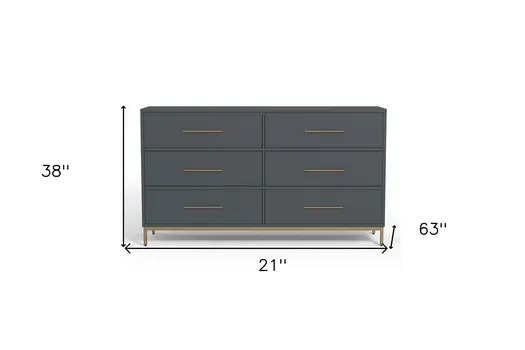 63" Dark Gray Solid Wood Six Drawer Double Dresser