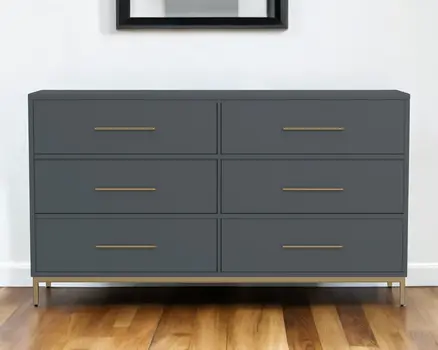 63" Dark Gray Solid Wood Six Drawer Double Dresser