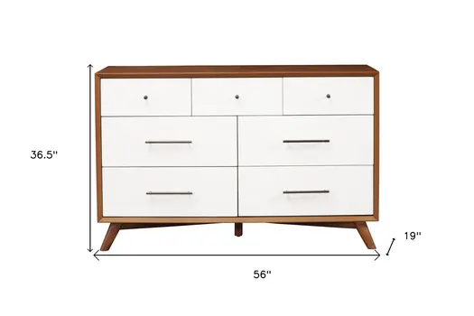 56" Brown and White Solid Wood Seven Drawer Double Dresser